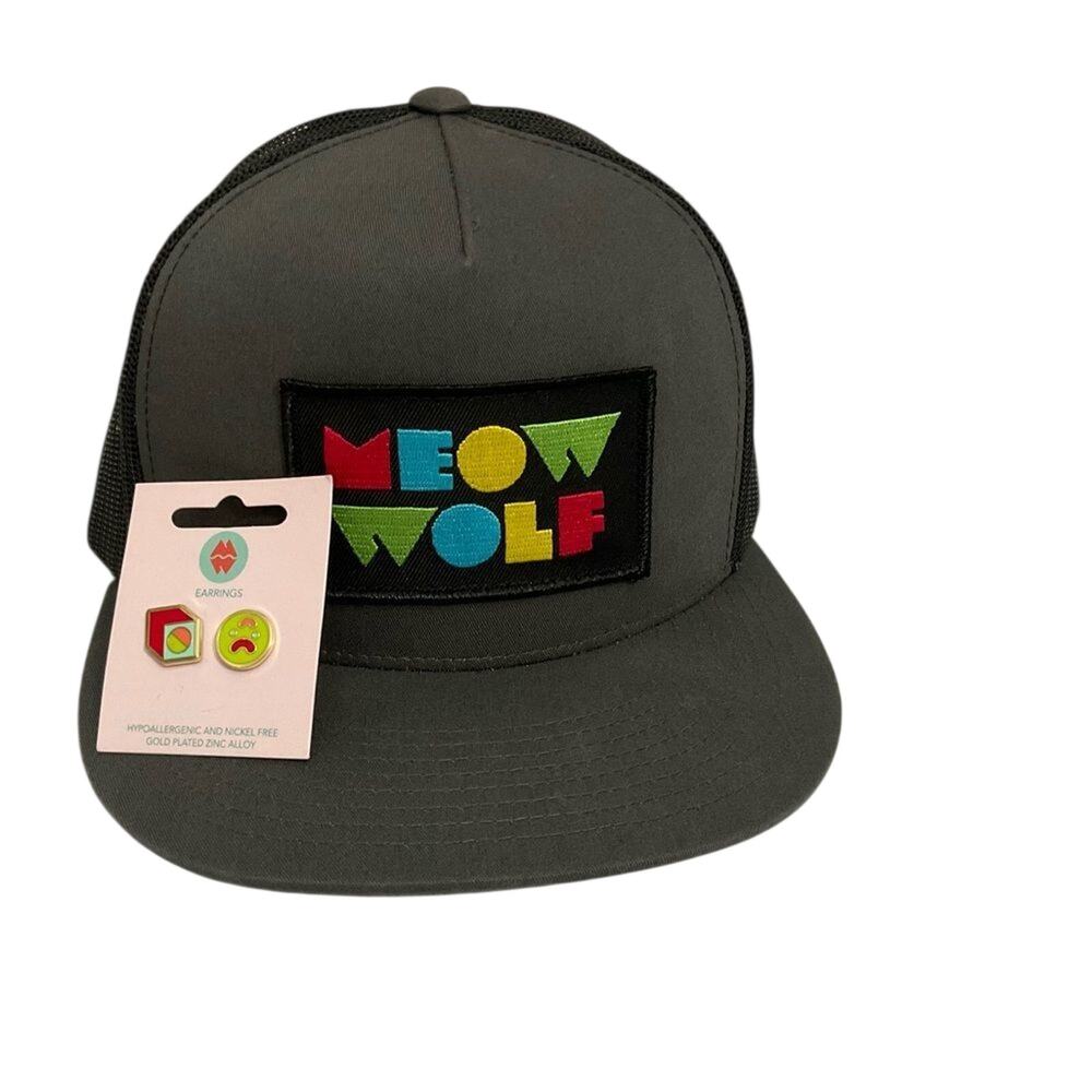 Meow Wolf Flexfit Flat Bill Snapback Hat & Greebles Stud Earrings Set NWT